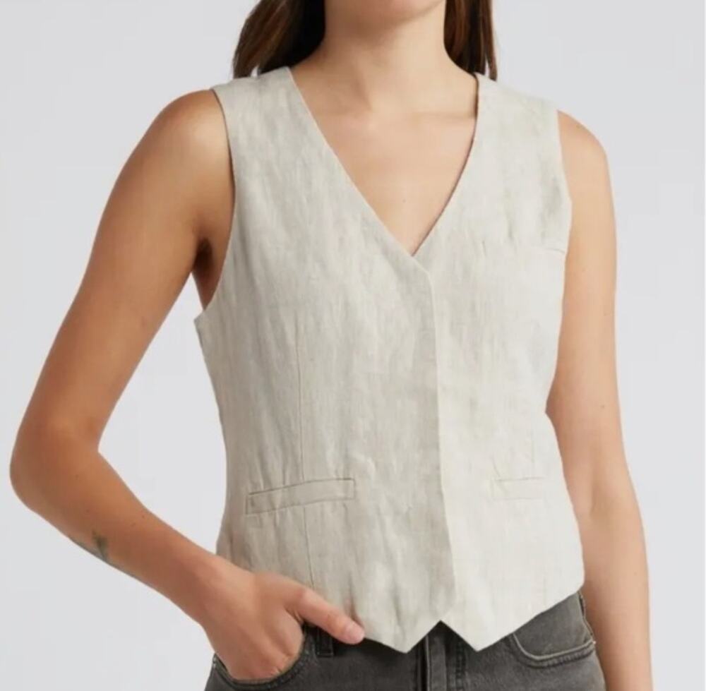 Madewell Oatmeal Linen Vest Sz 10 Cotton Lining Classic Preppy Minimalist Chic